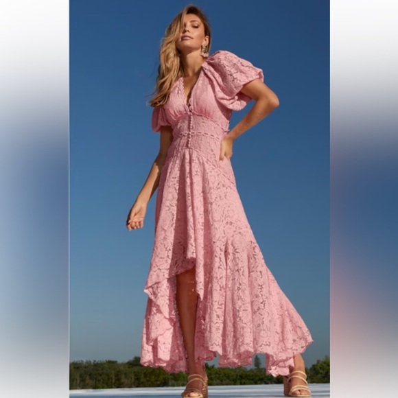 Boston Proper Candy Pink Puff Sleeve Lace High Low Dress Size 18 Wedding - Picture 3 of 9